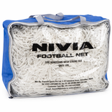 NIVIA Football Net 5606 soccer goal net packed inside a transparent zippered carry bag with blue sides and handles. The white honeycomb mesh woven strong silk net is visible through the front, labeled “NIVIA Football Net,” and is designed for standard soccer goals for training and match play in recreational and professional settings.