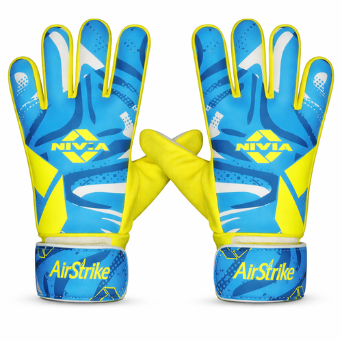 Pair of NIVIA Air Strike Football Goalkeeper Gloves in blue and neon yellow with latex palm and adjustable wrist strap, designed for soccer training and match play, supporting ball handling and controlled hand movement with a slightly looser fit.