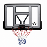 NIVIA basketball hoop with durable rectangular backboard and red, white, and blue net for indoor or outdoor basketball practice.