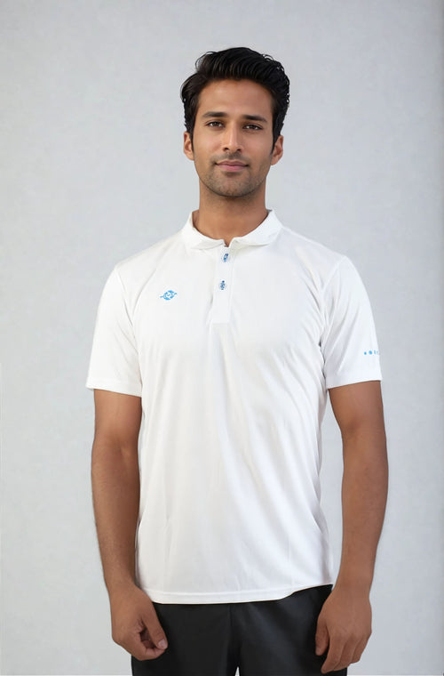 Front view of a model wearing the NIVIA Ray 4 Polo Shirt in white, featuring a classic polo collar with button placket and made from micro polyester squareknit fabric, suitable for everyday sportswear and casual use.