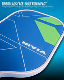 Nivia fiberglass pickleball paddle with impact-resistant blue face and reinforced edge guard.