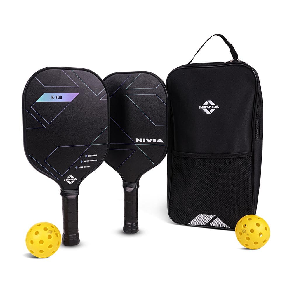 Nivia K-700 Pickleball Paddle Set for 2 Players - Includes 2 Fiberglass Composite Paddles, Yellow Outdoor Balls, and a Black Carry Bag