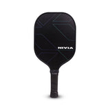 Front view of a black NIVIA K-700 pickleball paddle showing technical icons for fiberglass construction and ultra-control features with a cushioned black grip.