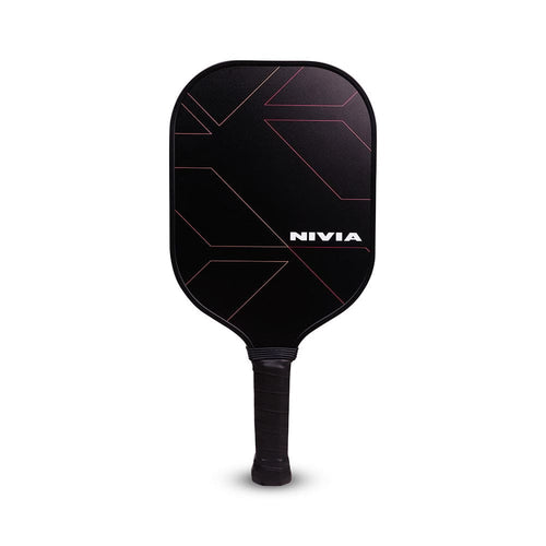 Front view of the NIVIA K-1200 Pickleball Paddle in black with subtle red geometric accents and NIVIA logo, featuring a T700 carbon fiber face and 16mm core for enhanced control, stability, spin, and consistent shot performance.