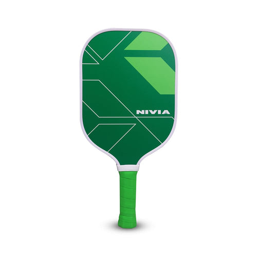 Front view of the NIVIA K500 Pickleball Paddle in green with white trim and NIVIA logo, featuring a fiberglass composite face and honeycomb core for balanced power, control, reduced vibration, and consistent on-court performance.