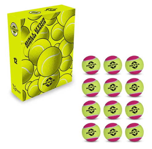 NIVIA Tennis Ball Heavy WT pack of 12 multicolor cricket practice balls, featuring a bright yellow box with tennis ball graphics and twelve heavy weight yellow and pink balls with NIVIA logo, designed to simulate the feel of a leather cricket ball for training sessions.