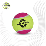 Close-up of a NIVIA Cricket Tennis Ball Light in neon green and pink with the NIVIA logo printed in black, displayed against a white background with dotted graphic accents and an “Official T-Cricket Light” badge in the corner.
