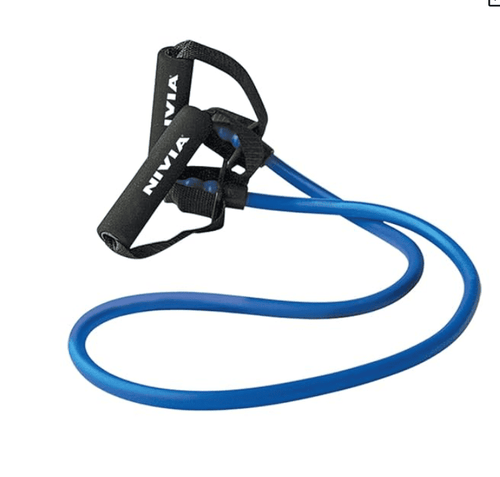 NIVIA Strap with Handle resistance band featuring a blue natural rubber tube and black foam-covered handles with adjustable straps, designed for exercise and fitness training involving resistance-based movements.