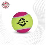 Single NIVIA Tennis Ball Heavy WT in yellow and pink with black NIVIA logo, displayed against a white background with T-Cricket Heavy badge, designed for cricket practice and training sessions.