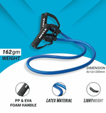 Promotional image of the NIVIA Strap with Handle resistance band featuring a blue latex tube and black PP and EVA foam handles with straps, displayed against a blue background. Text highlights include “162 gm Weight,” “Dimension 8x12x1200mm,” “PP & EVA Foam Handle,” “Latex Material,” and “Lightweight,” indicating its specifications for exercise and fitness use.
