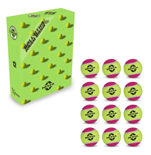 NIVIA Cricket Tennis Ball Light pack featuring a green box with ball graphics and branding, displayed alongside 12 lightweight cricket tennis balls in green and pink with NIVIA logos. Designed for cricket practice and casual play, the balls are made from durable materials suitable for training sessions and recreational games.