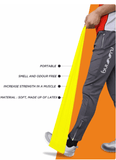 Person using a yellow NIVIA Resistance Exercise Band (1.5M) during a lower-body workout, stretching the band under their foot, with highlighted features including portable design, smell and odour free material, soft latex construction, and support for increasing muscle strength.