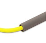 Close-up of the NIVIA Trainer Jump Rope showing the bright yellow PVC rope inserted into a gray foam-covered handle, highlighting the anti-slip grip and durable construction for exercise and fitness use.