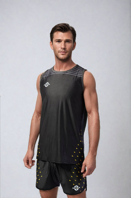 Model wearing the NIVIA Skylite Track and Field Athletic Kit in black, featuring a sleeveless athletic jersey and matching shorts, suitable for training sessions and track and field activities.