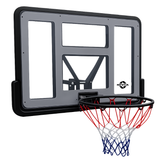 NIVIA basketball hoop with sturdy rectangular backboard and tri-color red, white, and blue net, angled view for indoor or outdoor play.