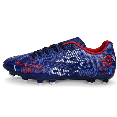 Side view of NIVIA Safari Football Boots in blue with red accents, featuring a PU synthetic upper and stud outsole designed for multi-surface football play.