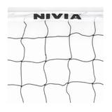Close-up of the NIVIA Volleyball Net showing the black PE net mesh with square pattern and the white top tape band featuring the NIVIA logo, designed to meet standard volleyball size requirements.