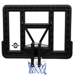 Rear view of NIVIA basketball hoop backboard with reinforced mounting brackets and tricolor red, white, and blue net.