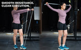 A woman performing upper-body exercises with a NIVIA long loop resistance band in a gym setting, demonstrating front raises and overhead stretches. The image includes the text “Smooth Resistance. Clean Execution.” highlighting controlled movement and stability during strength and mobility training.