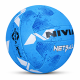 NIVIA Netball Blue match ball shown in angled side view, featuring a hand-stitched 18-panel design with textured blue surface, white graphic accents, and visible NIVIA and NETBALL branding for indoor and outdoor tournament play.