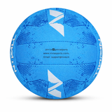 NIVIA Netball Blue match ball shown in rear view, featuring a hand-stitched 18-panel construction with textured blue surface, white graphic panels, and printed brand contact details, suitable for indoor and outdoor tournament play.
