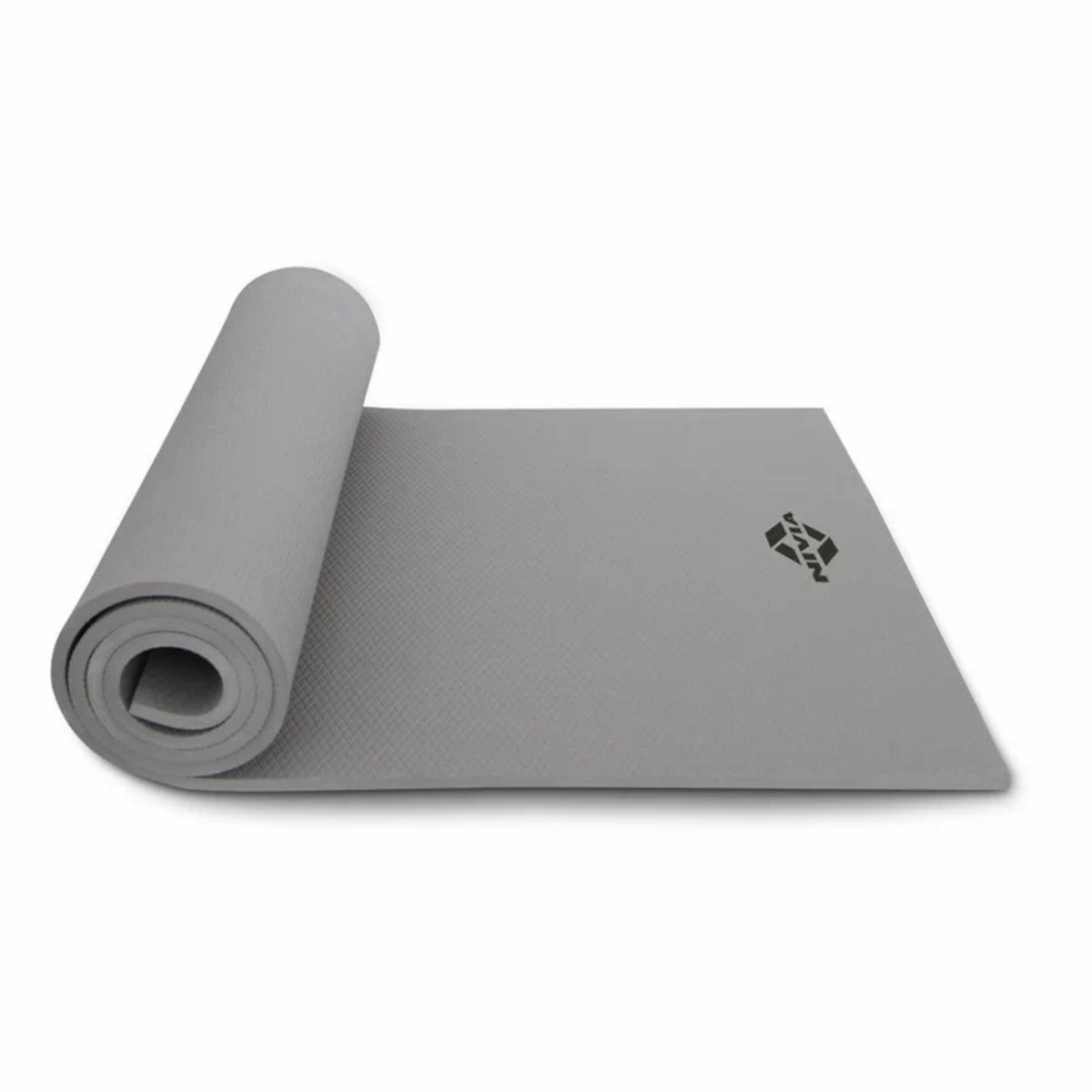NIVIA Anti-Slip Yoga Mat in grey, shown partially rolled out with a textured surface and NIVIA logo printed on one corner, designed to provide comfort, support, and stability for yoga practice.