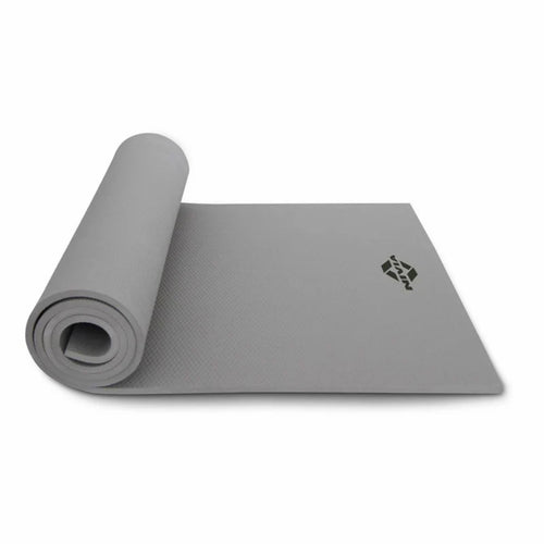 NIVIA Anti-Slip Yoga Mat in grey, shown partially rolled out with a textured surface and NIVIA logo printed on one corner, designed to provide comfort, support, and stability for yoga practice.